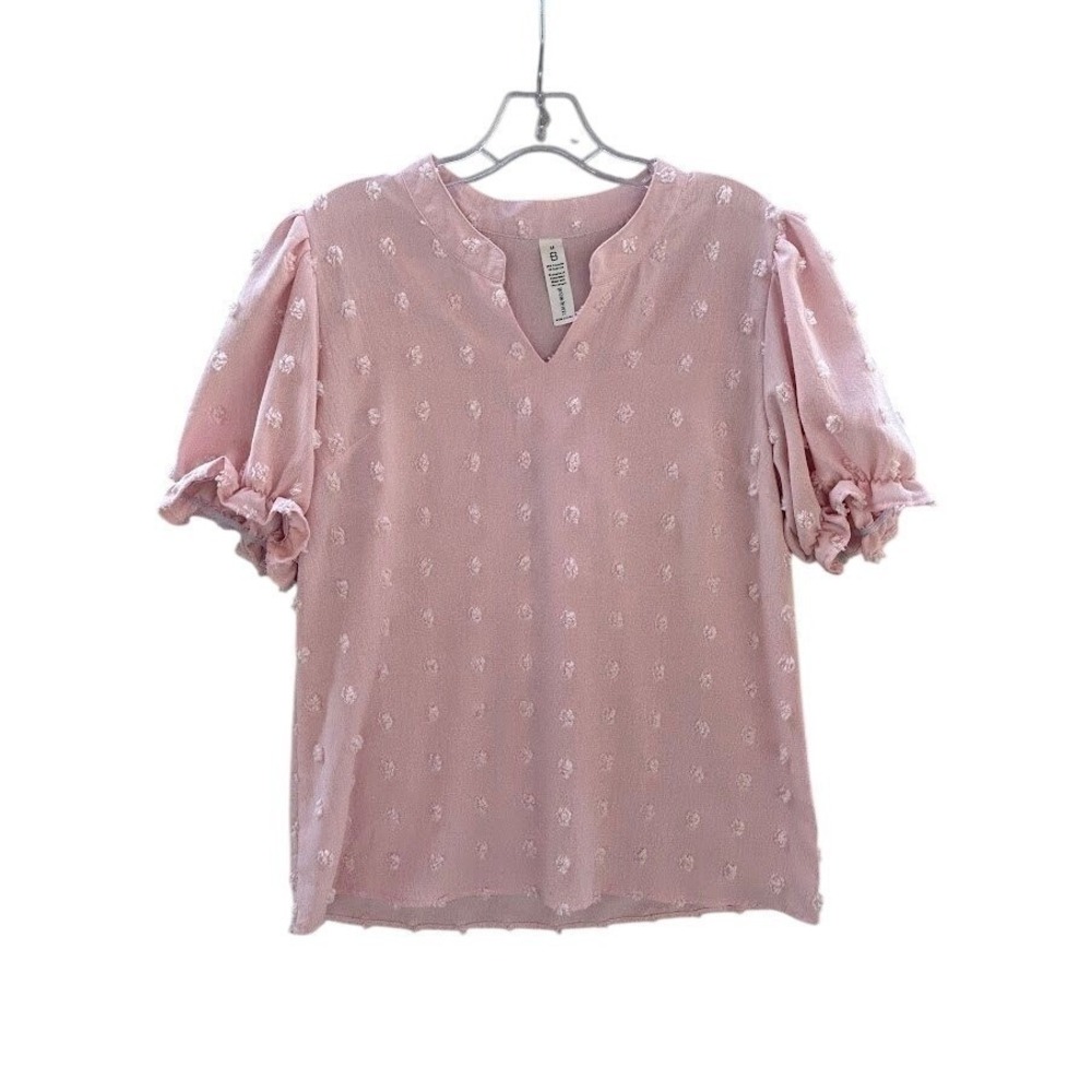 B Pink Swiss Dot Puff Sleeve‎ Split Neck Blouse Top Medium